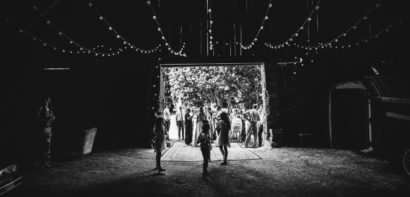 People in a barn