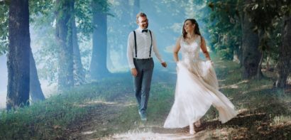 Rima and John running in the forest