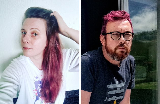 John and Rima with purple coloured hair